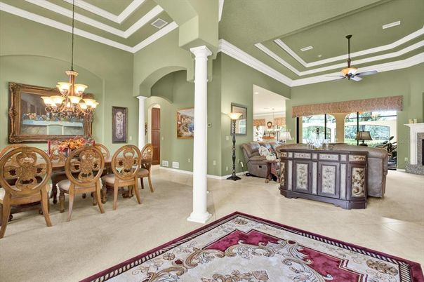 Chandelier, Dining room, Fireplace, Interior