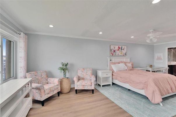 Bedroom, Interior, Recessed Lighting, Wood Texture Flooring