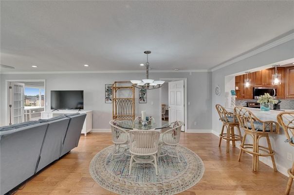 Chandelier, Dining room, Interior, Kitchen, Living room, Recessed Lighting, Wood Texture Flooring