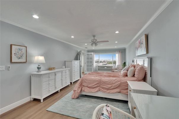 Bedroom, Interior, Recessed Lighting, Wood Texture Flooring