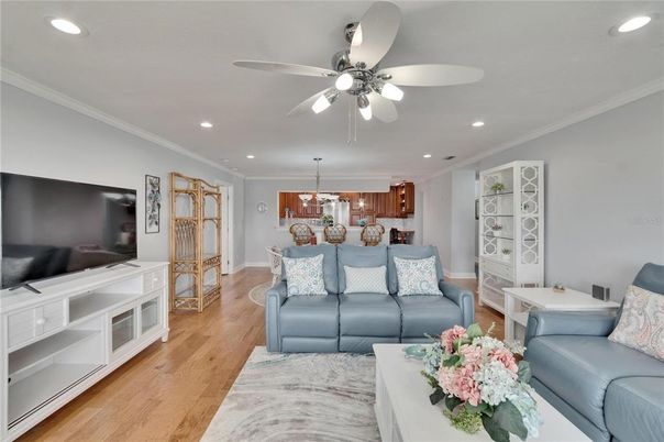Chandelier, Dining room, Interior, Kitchen, Living room, Recessed Lighting, Wood Texture Flooring