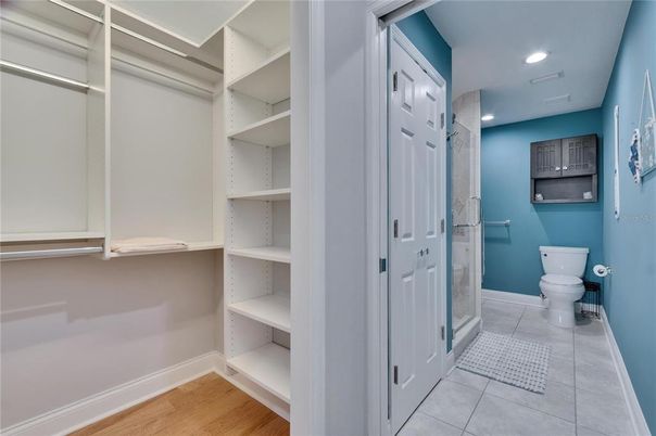 Bathroom, Interior, Recessed Lighting, Walk-in Closets, Wood Texture Flooring