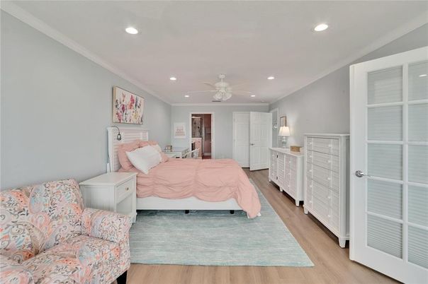 Bedroom, Interior, Recessed Lighting, Wood Texture Flooring