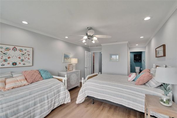 Bedroom, Interior, Recessed Lighting, Wood Texture Flooring