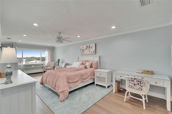 Bedroom, Interior, Recessed Lighting, Wood Texture Flooring