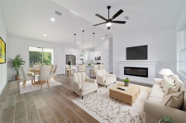 Dining room, Fireplace, Interior, Kitchen, Living room, Pendant Lights, Recessed Lighting, Wood Texture Flooring