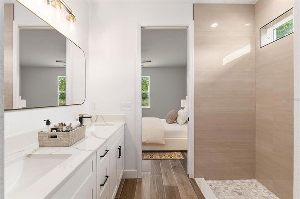 Bathroom, Dual Sink Vanities, Interior, Recessed Lighting, Wood Texture Flooring