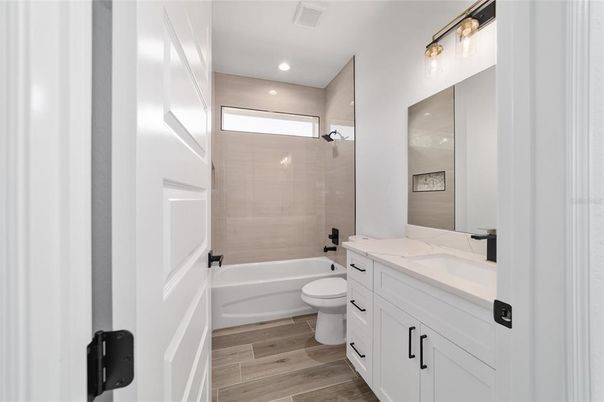 Bathroom, Glass Shower, Interior, Recessed Lighting, Wood Texture Flooring