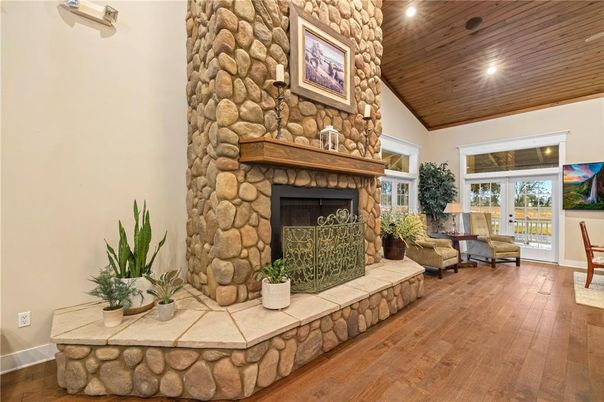 Fireplace, Interior, Living room, Recessed Lighting, Stone Walls, Wooden Ceilings, Wood Texture Flooring