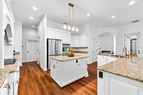 Interior, Kitchen, Pendant Lights, Recessed Lighting, Stainless Steel Appliances, Wood Texture Flooring