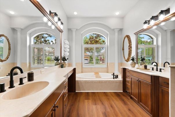 Bathroom, Dual Sink Vanities, Interior, Recessed Lighting, Wood Texture Flooring