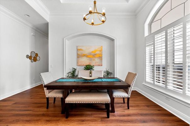 Dining room, Interior, Pendant Lights, Wood Texture Flooring