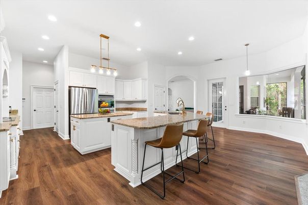 Interior, Kitchen, Pendant Lights, Recessed Lighting, Stainless Steel Appliances, Wood Texture Flooring