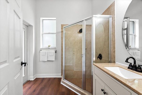 Bathroom, Glass Shower, Interior, Wood Texture Flooring