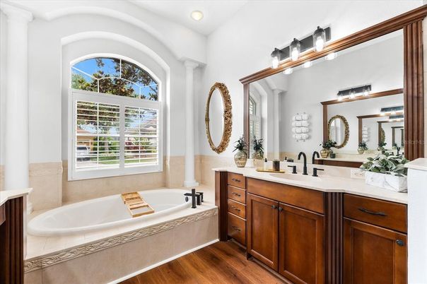 Bathroom, Dual Sink Vanities, Interior, Recessed Lighting, Wood Texture Flooring