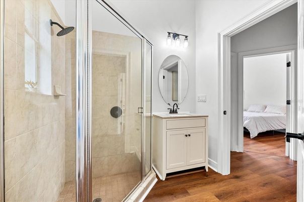 Bathroom, Bedroom, Glass Shower, Interior, Wood Texture Flooring