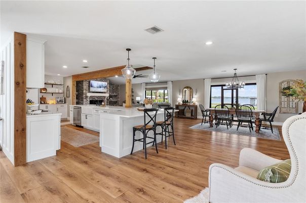 Dining room, Interior, Kitchen, Pendant Lights, Recessed Lighting, Stone Walls, Wood Texture Flooring
