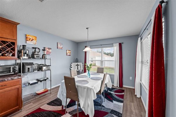Dining room, Interior, Pendant Lights, Wood Texture Flooring