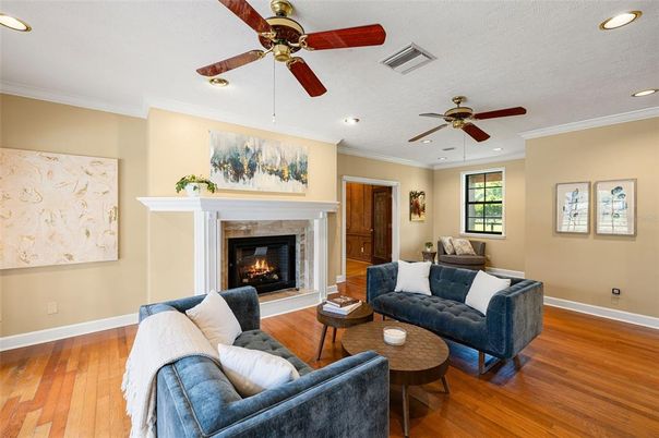 Fireplace, Interior, Living room, Recessed Lighting, Wood Texture Flooring