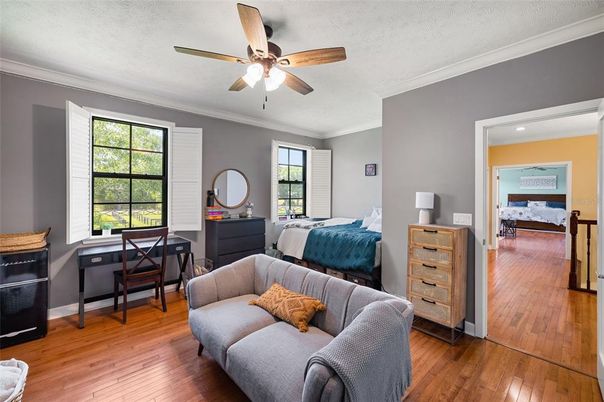 Bedroom, Interior, Recessed Lighting, Wood Texture Flooring