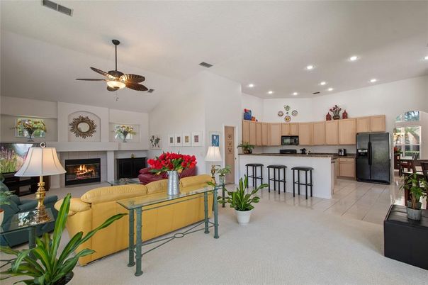 Fireplace, Interior, Kitchen, Living room, Recessed Lighting