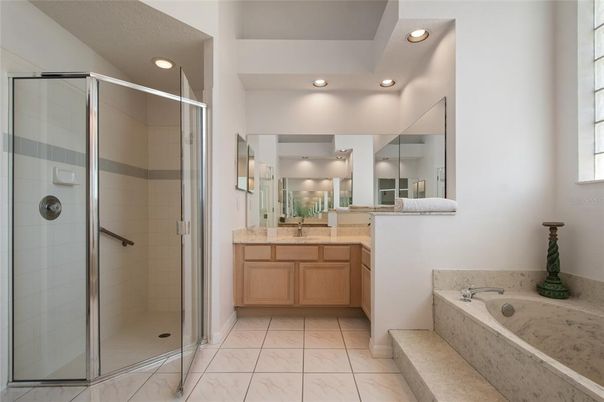 Bathroom, Dual Sink Vanities, Glass Shower, Interior, Marble, Recessed Lighting