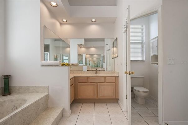 Bathroom, Dual Sink Vanities, Interior, Marble, Recessed Lighting