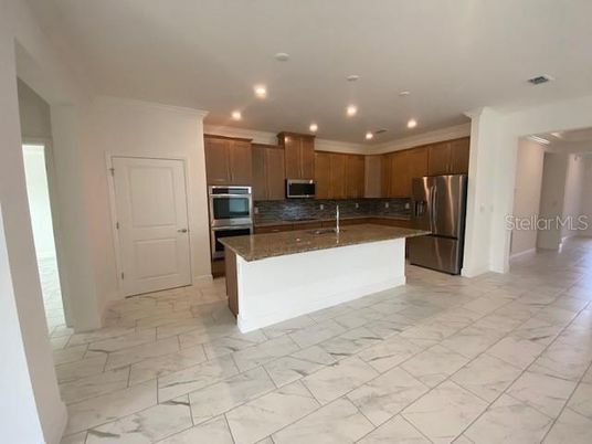 Interior, Kitchen, Marble, Pendant Lights, Recessed Lighting, Stainless Steel Appliances