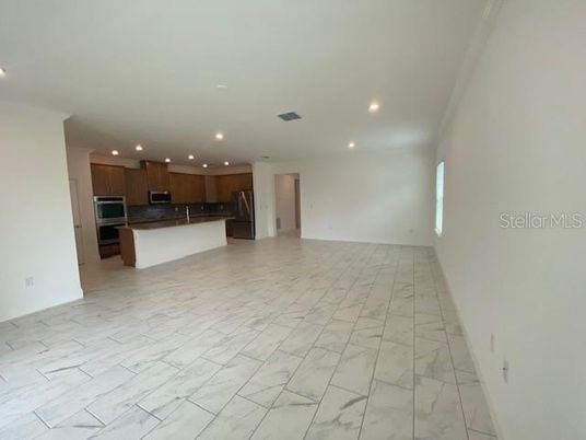 Empty room, Interior, Kitchen, Marble, Recessed Lighting, Stainless Steel Appliances