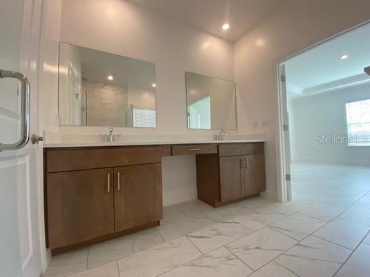 Bathroom, Dual Sink Vanities, Interior, Marble, Recessed Lighting