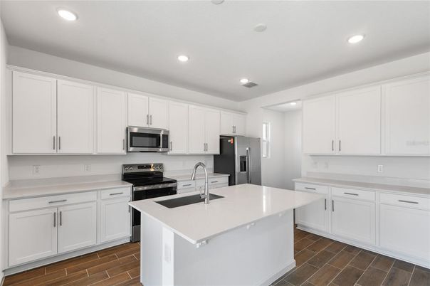 Interior, Kitchen, Recessed Lighting, Stainless Steel Appliances, Wood Texture Flooring