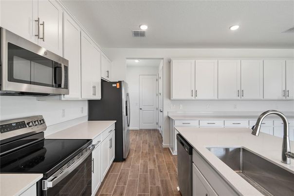 Interior, Kitchen, Recessed Lighting, Stainless Steel Appliances, Wood Texture Flooring