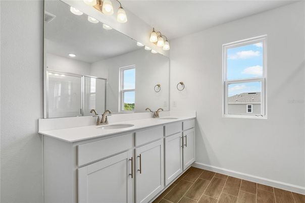 Bathroom, Dual Sink Vanities, Interior, Recessed Lighting, Wood Texture Flooring