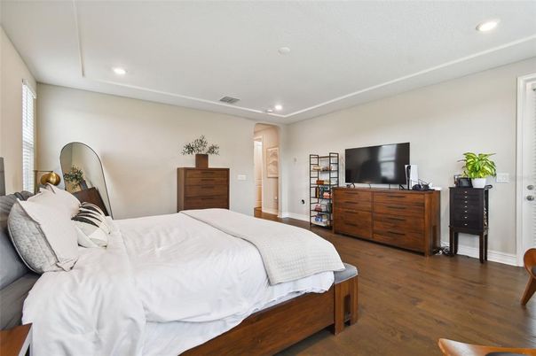 Bedroom, Interior, Recessed Lighting, Wood Texture Flooring