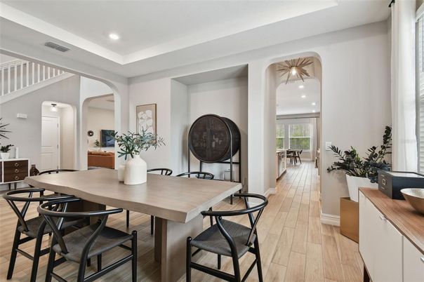 Dining room, Interior, Recessed Lighting, Wood Texture Flooring