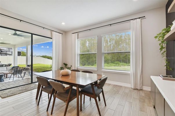 Dining room, Interior, Recessed Lighting, Wood Texture Flooring