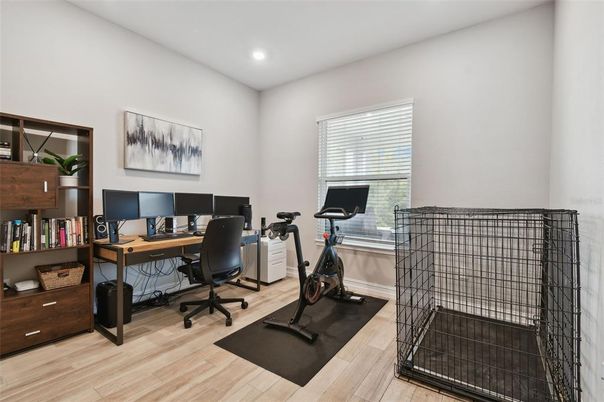 Fitness Equipment, Home Office, Interior, Recessed Lighting, Wood Texture Flooring