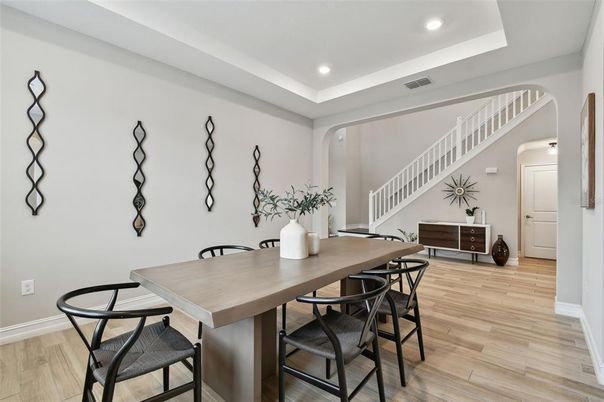Dining room, Interior, Recessed Lighting, Wood Texture Flooring
