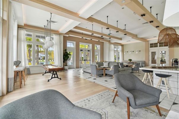 Interior, Living room, Pendant Lights, Recessed Lighting, Wooden Beams, Wood Texture Flooring