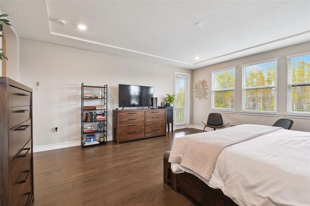 Bedroom, Interior, Recessed Lighting, Wood Texture Flooring