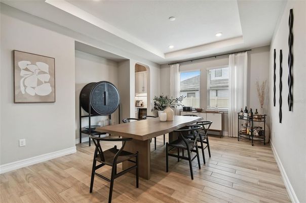 Dining room, Interior, Recessed Lighting, Wood Texture Flooring