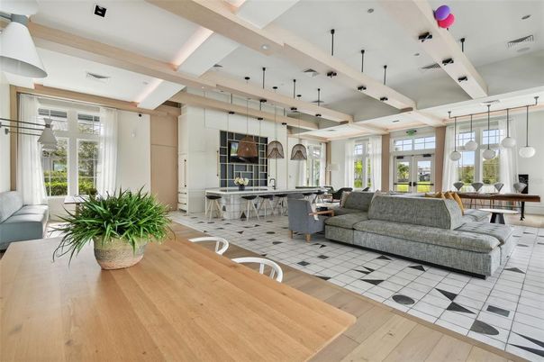 Dining room, Interior, Living room, Pendant Lights, Recessed Lighting, Wood Texture Flooring