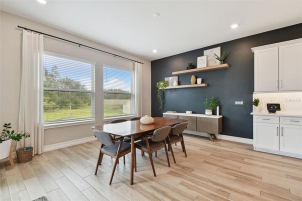 Dining room, Interior, Recessed Lighting, Wood Texture Flooring
