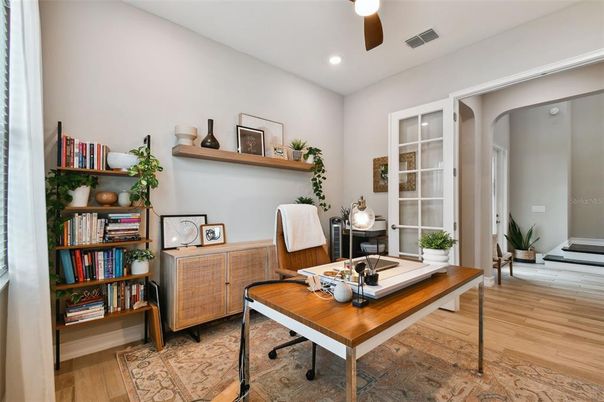 Home Office, Interior, Recessed Lighting, Wood Texture Flooring