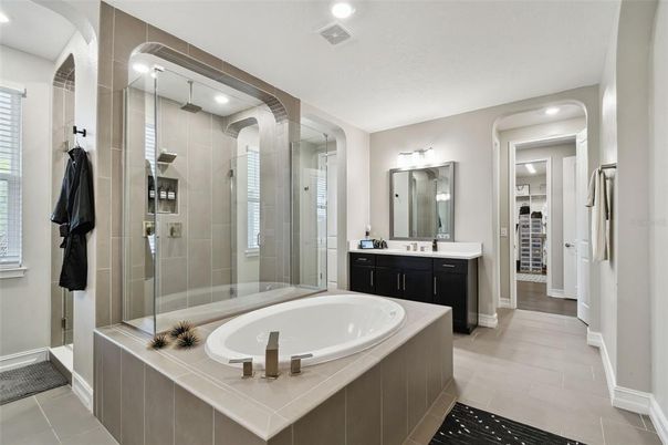 Bathroom, Dual Sink Vanities, Glass Shower, Interior, Recessed Lighting