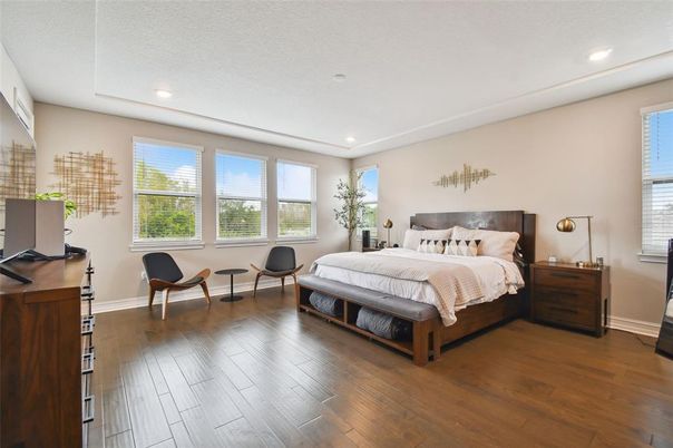 Bedroom, Interior, Recessed Lighting, Wood Texture Flooring