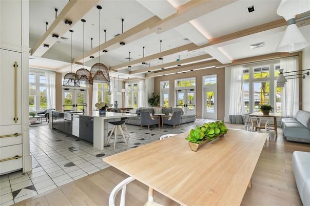Chandelier, Dining room, Interior, Kitchen, Living room, Pendant Lights, Recessed Lighting, Wooden Beams, Wood Texture Flooring