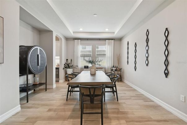 Dining room, Interior, Recessed Lighting, Wood Texture Flooring