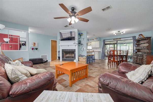 Dining room, Fireplace, Interior, Kitchen, Living room, Pendant Lights, Recessed Lighting