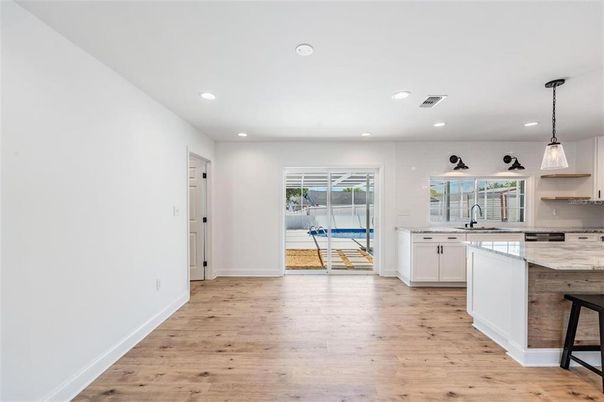 Interior, Kitchen, Pendant Lights, Recessed Lighting, Wood Texture Flooring